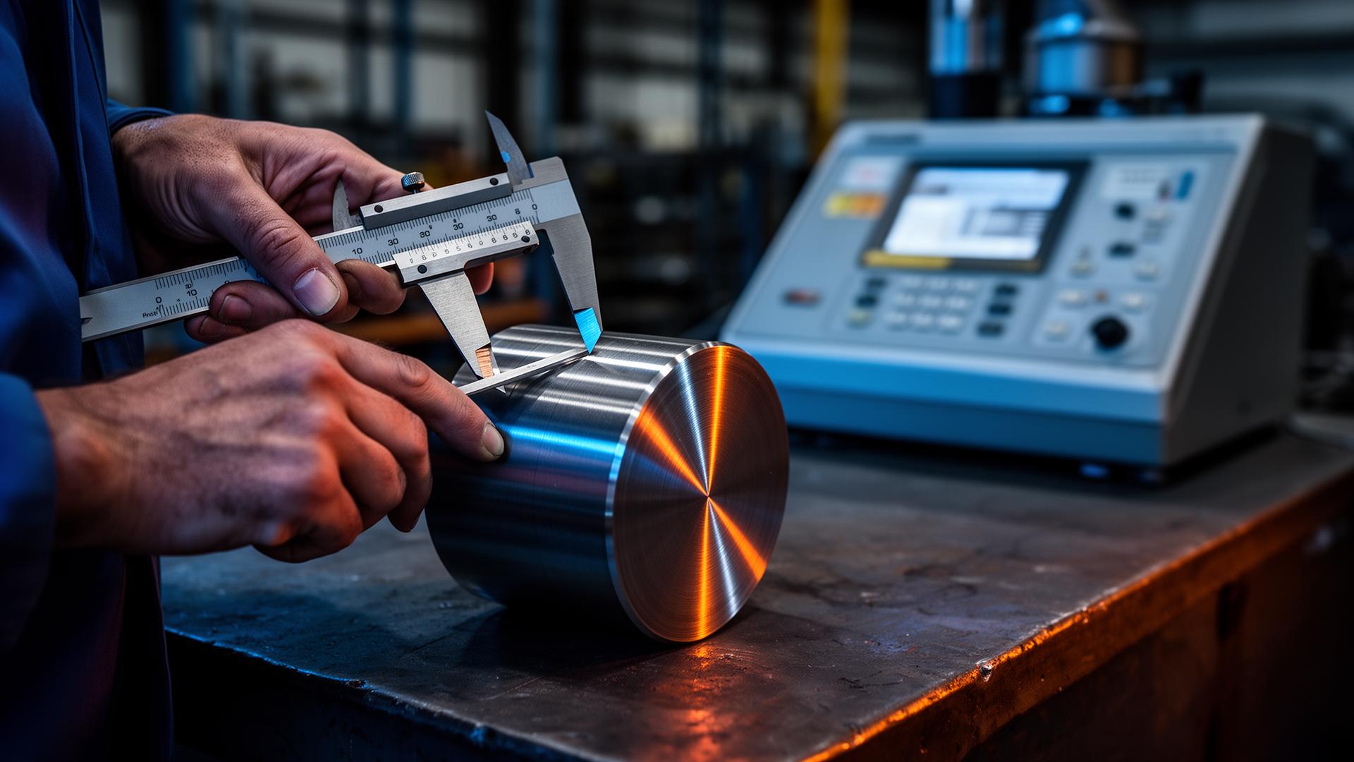 Metallurgist measuring a high-speed steel ingot with precision calipers beside spectroanalysis equipment